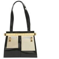 KARL LAGARFELD, ANONYME SAC en cuir vernis noir et beige, garnitures en métal doré (env 33 x 26 x 11cm). Mini marques sur cuir. Petit SAC DU SOIR en nylon et perles facettées métalliques (env 15 x 18 x 2 cm)