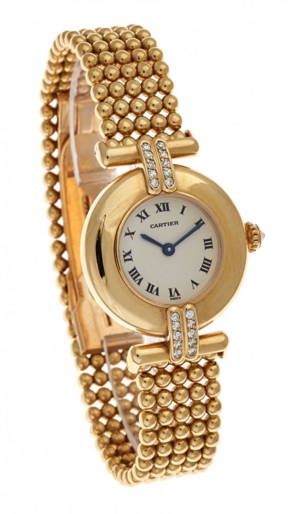 CARTIER,Colisée, ref. 1084, ref. 1084, n° 8057911,Vers 1990,Montre bracelet de dame en or jaune 18k (750) et diamants,Boîtier: rond, couronne de remontoir et anses serties de diamants, signé,Cadran: argenté avec chiffres romains, signé,Mouvement: quartz,B