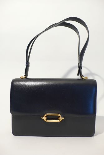 HERMES Paris Sac Fonsbelle en box marine, fermoir et attaches en laiton dor