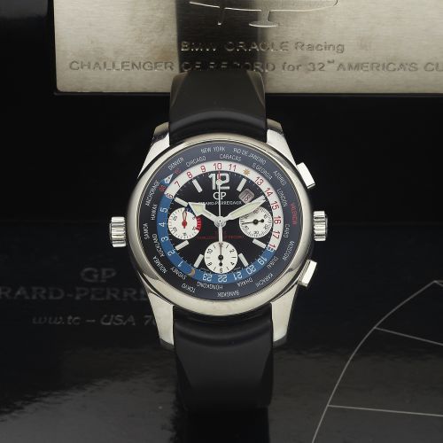 GIRARD-PERREGAUX REF. 49800 USA 76 WORLD TIME. CH RONOGRAPH, STEEL. Girard-Perregaux, "USA 76 World Time Chronograph, GGYG. Challenger of Record" No. 480/750, Ref. 49800. Made in a limited. edition of 750 examples in 2007 for the America's Cup 2007 "BMW. 