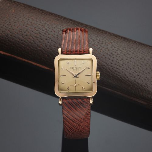 PATEK PHILIPPE REF. 2513 PINK GOLD. Patek Philippe, Genève, No. 746139, case No. 695039, Ref.. 2513. Made in 1955.. Fine and rare, concave and square, 18K pink gold. wristwatch with teardrop lugs and an 18K pink gold. buckle. Accompanied by a fitted box.