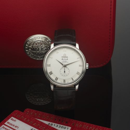 OMEGA DE VILLE CO-AXIAL CHRONOMETER STEEL. Omega De Ville, Co-Axial Chronometer, No. 84567097, Ref.. 48133001. Sold September 17th, 2007.. Fine, self-winding, water-resistant, stainless steel chronometer. wristwatch with co-axial escapement and a stainles