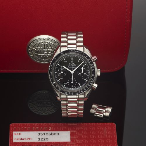 OMEGA REF. 3510 SPEEDMASTER AUTOMATIC STEEL. Omega, "Speedmaster Automatic" case No. 59779529, Ref.. 351050. Made circa 2008.. Fine, self-winding, water-resistant, stainless steel wristwatch. with round button chronograph, registers, tachometer and. an Om