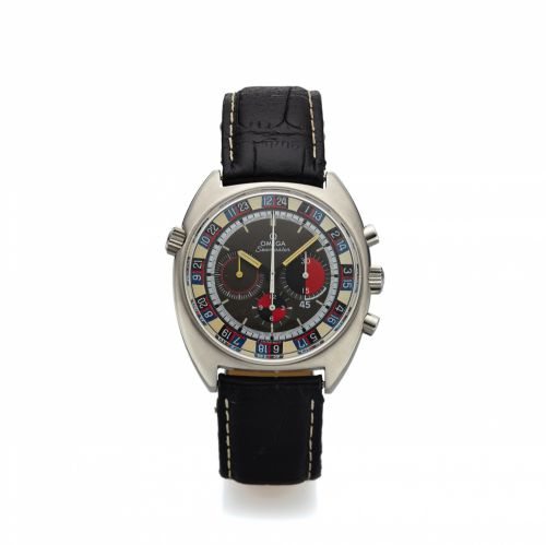 OMEGA REF. 145.019 RACING DIAL SEAMASTER. Omega, No. 30588111, Ref. 145.019. Made circa 1969.. Fine and unusual, tonneau-shaped, water-resistant, two. time zone, stainless steel wristwatch with round button. chronograph, registers, two crowns and a stainl