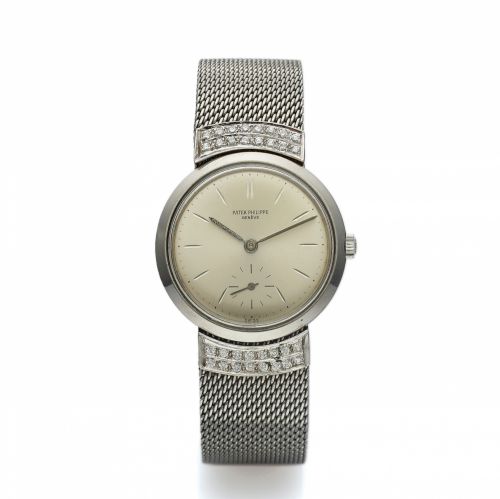 PATEK PHILIPPE REF. 3419. STAINLESS STEEL & DIAMONDS. Patek Philippe, Genève, No. 729264, case No. 2619782. Ref. 3419. Made circa 1960.. Very fine and rare, water-resistant, antimagnetic, stainless. steel wristwatch with a stainless steel mesh strap. brac