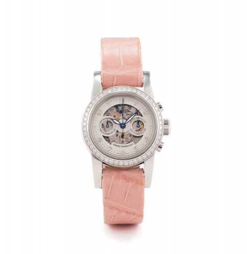 GIRARD-PERREGAUX REF. 8046. CHRONOGRAPH. DIAMOND AND STEEL. Girard-Perregaux, chronograph, No. 221, Ref. 8046. Made circa 2005.. Very fine, self-winding, water-resistant, round button chronograph. register, stainless steel and diamond lady's wristwatch wi