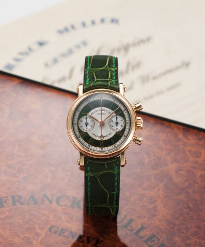 FRANCK MULLER REF. 2860NA. CHRONOGRAPH YELLOW GOLD. Franck Muller, Geneva, chronograph, No. 34, Ref. 2860 NA. Made. in the 2000's.. Very fine and rare, water-resistant, 18K yellow gold lady's. wristwatch with round button chronograph, register, and 18K. y