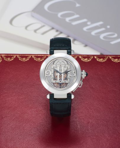 CARTIER REF. 2542 PASHA TOURBILLON WHITE GOLD. Cartier, Paris, Pasha de Cartier Tourbillon" No. 08/20-2001. Ref. 2542. Made in an exclusive limited edition of 20. examples in 2001.. Extremely fine and rare, water-resistant, 18K white gold. wristwatch with