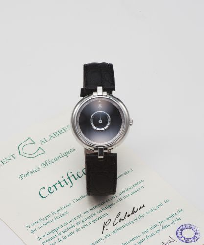 VINCENT CALABRESE JUNPING HOUR STEEL. Vincent Calabrese, No. 1210. Made circa 2000s.. Fine and unusual, self-winding, water-resistant, center-seconds. stainless steel wristwatch with wandering jump-hours and a. stainless steel vincent Calabrese buckle. Ac