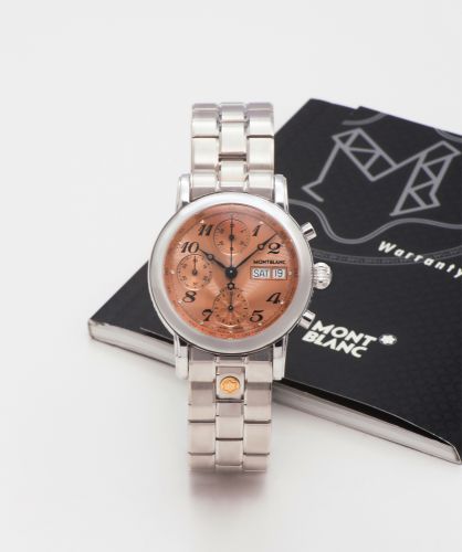 MONTBLANC REF. 7021 MEISTERSTUCK. LIMITED EDITION WHITE GOLD. Montblanc, "Meisterstuck, Automatic", limited No. 28/75, case No.. PL53703, Ref. 7021. Sold on 8th, October 1999.. Fine and rare, water resistant, self-winding, center seconds, 18K. white gold 