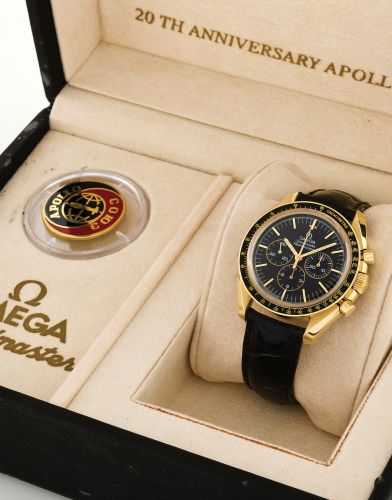 OMEGA SPEEDMASTER PROFESSIONAL APOLLO SOYUZ YELLOW GOLD.Omega, Speedmaster Professional Apollo Soyuz, No. 041/200, movement No. 48308484, Ref. BA 145.0052..Made in a limited edition of 200 examples in 1995 for the Italian market commemorating the 20th ann