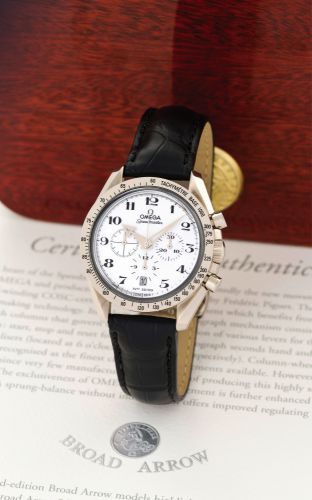 OMEGA SPEEDMASTER WHITE GOLD.ENAMEL DIAL, NO. 12/99.Omega, Speedmaster, No. 12/99, movement and case No..78020338, Ref. 36572031. Made in a limited edition of 99 pieces, in.2001..Fine and rare, water-resistant, self-winding, 18K white gold.Chronometer wri