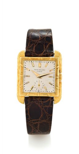 PATEK PHILIPPE REF 2486 YELLOW GOLD.Patek Philippe, Geneve, movement No.747478, case No.684644, Ref. 2486. Sold on.November 1957..Fine and rare, square, 18K yellow gold wristwatch with an 18K yellow gold Patek.Philippe buckle. Accompanied by the Extract o