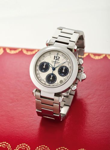 CARTIER REF. 2113 PASHA CHRONOGRAPH AUTOMATIC, STEEL.Cartier, Pasha Chronograph, Automatic, case No. 519632CD, Ref. 2412. Made circa 1998..Fine, water-resistant, self-winding, stainless steel wristwatch with round button.chronograph, registers, date and a