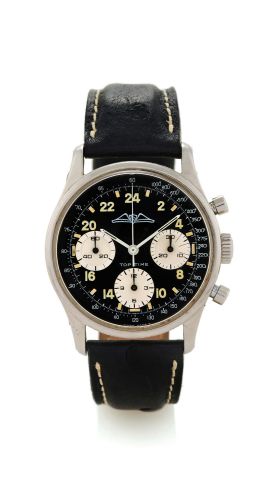 BREITLING REF 810-24 TOP TIME, 24-HOUR DIAL, AOPA LOGO.Breitling Genève, Top-Time, case No. 1091878, Ref. 810-24. Made in the late 1960's..Fine, and rare stainless steel wristwatch with round button chronograph, registers.tachometer and 24 hour dial.