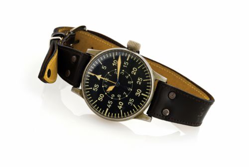 A.LANGE & SÖHNE REF. 127-560A-1, B-UHR.WORLD WAR II GERMAN AIR FORCE.Lange & Söhne, movement No. 216510, Ref. 127-560A-1..Made in 1942..Very fine and very rare, oversized, center seconds, anti-.corrosion matte nickel military pilot's wristwatch with.indir