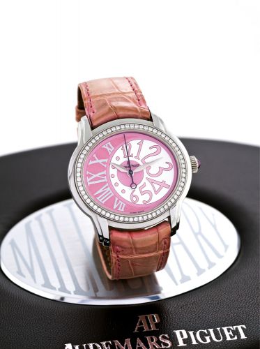 AUDEMARS PIGUET.STAINLESS STEEL.DIAMONDS MILLENARY - PINK DIAL.Audemars Piguet, Millenary Automatic, case No. F 68503. Made circa 2005..Fine, water-resistant, self-winding, center seconds, horizontal oval, stainless.steel and diamond-set wristwatch with a