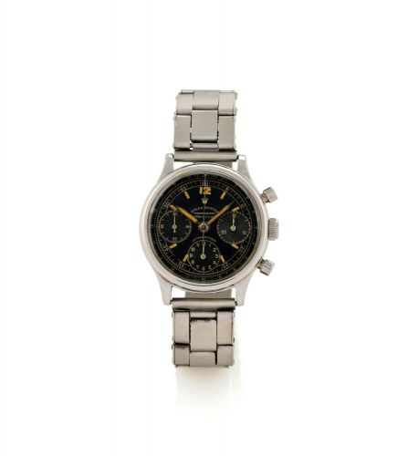 ROLEX REF 4048, SERPICO Y LAINO BLACK DIAL.Rolex, Oyster Chronographe Antimagnetique, Ref. 4048. Case No. 206339..Made circa 1943..Extremely fine and exceptionally rare, water-resistant, tonneau-shaped.antimagnetic stainless steel wristwatch with round bu