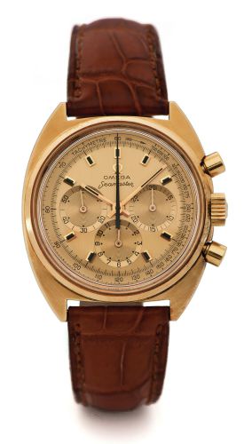 OMEGA SEAMASTER CHRONOGRAPH GOLD.Omega Yellow Gold Seamaster Chronograph Omega, Seamaster.movement No. 25005020, Ref. 145.006-66. Made circa 1960s..Fine and rare, water-resistant, 18K yellow gold wristwatch with round.button chronograph, registers and tac