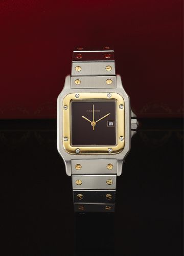 CARTIER REF. AC 2380 STEEL & GOLD BURGUNDY DIAL.Cartier, Santos, Automatic, case No. 296138531, Ref. AC 2380..Made in the 1990s..Fine, square, center seconds, self-winding, water-resistant.stainless steel and 18K yellow gold mid-size wristwatch with.date 