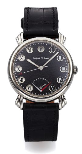 VINCENT CALABRESE, NIGHT AND DAY, STEEL.Vincent Calabrese, Swiss, Night & Day, No. 650. Made circa 2006..Fine and unusual, self-winding, water-resistant, center seconds.stainless steel wristwatch with night and day indication and a.stainless steel Hermes 