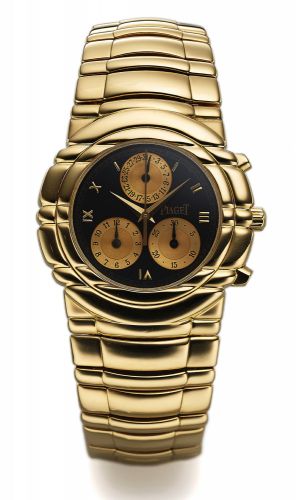 PIAGET REF. 14081 POLO.YELLOW GOLD CHRONOGRAPH.Piaget, Genève, Haute Complication, Ref. 14081. Made.circa 2005..Fine, 18K yellow gold quartz wristwatch with round.button chronograph, registers, date and an integral 18K.yellow gold Piaget link bracelet wit