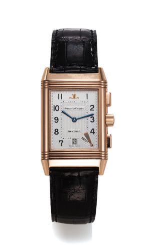 JAEGER-LECOULTRE REF. 270.2.69 PINK GOLD.REVERSO CHRONOGRAPH RETROGRADE.Jaeger-LeCoultre, Reverso Chronograph Retrograde, No..433/500, Ref. 270.2.69. Made in a limited edition of 500 pieces.circa 1996..Very fine and rare, rectangular, double dial, manual 