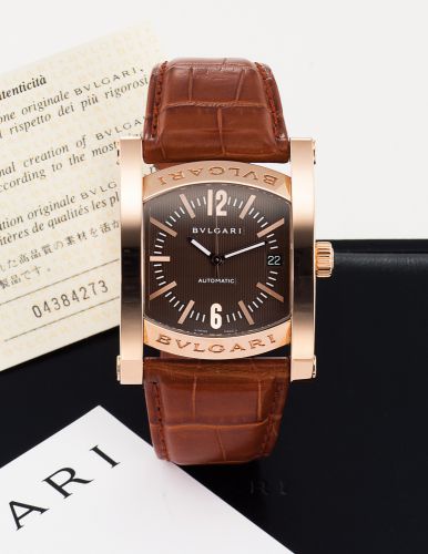 BVLGARI REF. AA P 44 G ASSIOMA GINZA BOUTIQUE.LIMITED EDITION PINK GOLD.Bvlgari, No. 433118, case No. D 1672, Ref. AA P 44 G. Made in a.limited edition of 60 pieces in 2007..Fine and elegant, curved, self winding, 18K pink gold wristwatch with 18K pink go