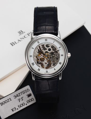 BLANCPAIN REF. 0021 VILLERET SKELETONIZED PLATINUM.Blancpain, Villeret, No. 75, Ref. 0021-3427-55. Sold on Nov 25th, 1994..Fine, thin, skeletonized, manual winding, platinum wristwatch with a platinum Blancpain buckle. Accompanied by.the fitted box, Guara