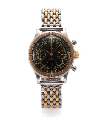 ROLEX REF. 3668 OYSTER CHRONOGRAPH.STEEL AND YELLOW GOLD.Rolex, Oyster Chronograph, Anti-Magnetic, case No. 45992.Ref. 3668. Made circa 1937..Very fine and very rare, water-resistant, stainless steel and.18K yellow gold wristwatch with round button chrono
