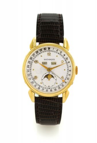 MOVADO - YELLOW GOLD - TRIPLE CALENDAR.Movado, Swiss, case No. B 472523. Ref. 4920. Made circa 1950..Fine, 18K yellow gold wristwatch with triple date calendar and.moon phases.