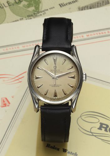 ROLEX REF. 5018 BOMBAY STEEL.Rolex, Oyster Perpetual, Officially Certified Chronometer, case No. 641743, Ref. 5018. Made in 1948..Very fine and rare, center seconds, self-winding, water-resistant, stainless steel wristwatch..Accompanied by a Guarantee (no