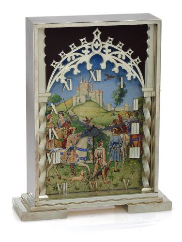 HOUR LAVIGNE REF. 360.STERLING SILVER MANTEL ALARM CLOCK.Hour Lavigne, Paris, movement No. 184341, case No. 2433.Ref. 360. Made in the 1930s..Very fine and rare, heavy, rectangular, sterling silver desk /.mantel clock with alarm and hand-painted dial.