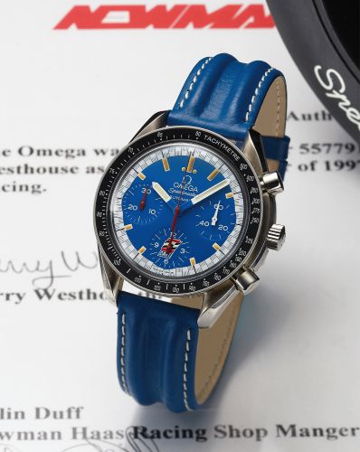 OMEGA SPEEDMASTER NEWMAN HAAS RACING.Omega, Speedmaster Automatic, Given to Jerry Westhouse as a gift from Newman Haas.Racing in 1997, case No. 55779168, Ref. ST 175.0032.1. Made in 1996..Fine, self-winding, water-resistant, stainless steel wristwatch wit