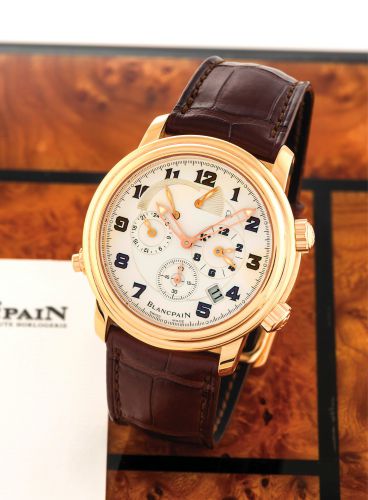 BLANCPAIN REF. 2041.LEMAN GMT AND ALARM PINK GOLD.Blancpain, Léman GMT Alarm, No. 379, Ref. 2041. Made circa 2005..Very fine and rare, self-winding, water-resistant, two-time-zone.18K pink gold wristwatch with alarm, alarm and power reserve.indication, da