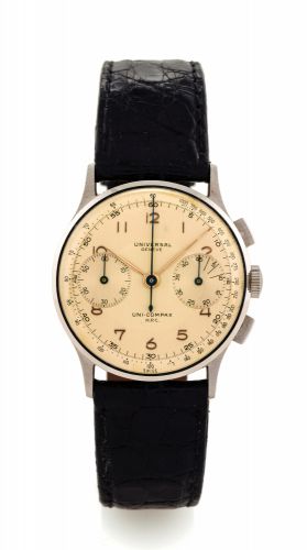 UNIVERSAL REF. 12445 UNI-COMPAX STEEL.Universal, Geneve, Uni-Compax H.P.C., case No. 1157895, Ref. 224100..Made in the 1950s..Fine, stainless steel wristwatch with square button chronograph, register.and tachometer.