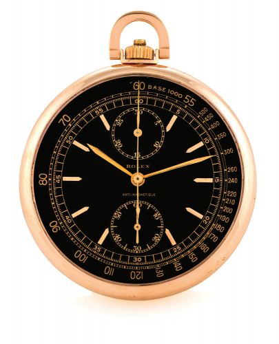 ROLEX PINK GOLD CHRONOGRAPH - BLACK DIAL.Rolex, Anti-Magnetique, case No. 1008656, Ref. 3068. The case with Dublin.import marks for 1937..Very fine and extremely rare, 9K pink gold pocket watch with black dial.chronograph, register and tachometer.