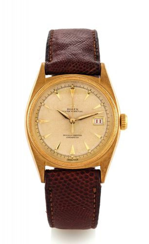 ROLEX REF. 6075 DATE JUST, YELLOW GOLD.Rolex, Oyster Perpetual, Datejust, Officially Certified Chronometer.case No. 714441, Ref. 6075. Made in 1950..Very fine and rare, tonneau-shaped, center seconds, self-winding, water-resistant.18K yellow gold wristwat