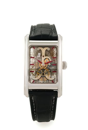 AUDEMARS PIGUET, EDWARD PIGUET UNIQUE TOURBILLON PLATINUM.Audemars Piguet, Genève, Edward Piguet - Tourbillon, case No. E 67890, Ref. 25924 PT. Made circa 2003..Very fine and rare, rectangular, skeletonized, platinum gentleman's wristwatch with visible on