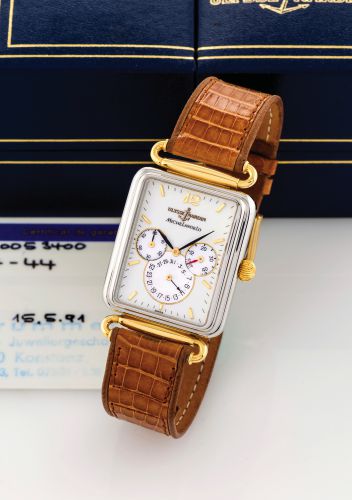 ULYSSE NARDIN - MICHELANGELO BICOLOR.Ulysse Nardin, Michelangelo Power Reserve, No. 1708, Ref. 174-44. Made circa 1990, sold on.May 15, 1991..Fine, rectangular, self-winding, water-resistant, stainless steel and yellow gold wristwatch with.40 hours power 