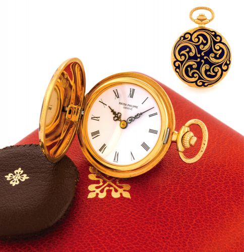 PATEK PHILIPPE, REF. 885, HUNTING.CASED PENDANT WATCH, CHAMPLEVÉ ENAMEL.Patek Philippe, Geneve, movement No. 1333995, case No. 542642. Ref. 885/8..Made in 1981, sold on March 29th, 1982..Very fine and very rare, 18K gold and champlevé enamel hunting cased