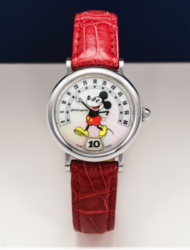 GERALD GENTA REF. 3622 MICKEY MOUSE STEEL.Gérald Genta, Genève, Retro Fantasy - Disney, case No. 97883.Ref. 3622. Made circa 1990's..Fine and unusual, jumping hour and retrograde minutes.quartz, water resistant, lady's stainless steel quartz wristwatch wi