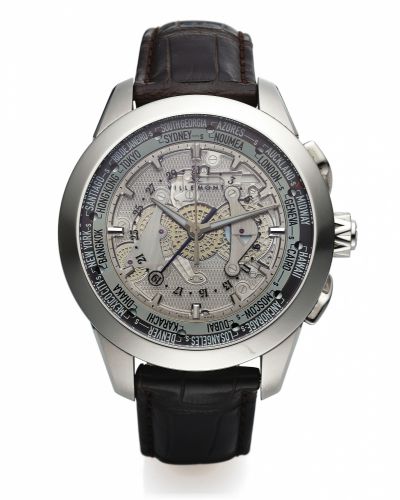 VILLEMONT WORLD TIME LIMITED EDITION STEEL.Villemont, Geneve, Les Heures du Monde - Wings Bridges, No. 02 /.25, case No. 90233. Made in a limited edition of 25 pieces in 2008..Fine, large, water resistant, self-winding, center seconds, stainless.steel ske