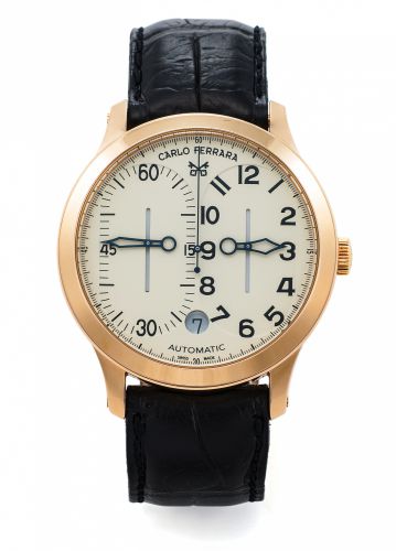 CARLO FERRARA REGOLATOR YELLOW GOLD.Carlo Ferrara, Regolatore, Automatic. Made in a limited edition of.150 examples circa 2000..Fine and very unusual, center-seconds, self-winding, water resistant.18K yellow gold wristwatch with rise and fall hours and mi