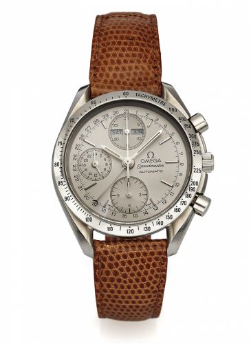 OMEGA REF. 175.0044 TRIPLE.CALENDAR SPEEDMASTER STEEL.Omega, Speedmaster, No. 56031165, Ref. 175 0044. Made circa.2001, Fine, self-winding, stainless steel wristwatch with round.button chronograph, registers, triple date, steel bezel with.tachometer and a