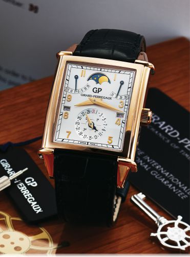 GIRARD PERREGAUX VINTAGE 1945 XXL PERPETUAL CALENDAR EQUATION OF TIME PINK GOLD.Girard-Perregaux, La Chaux-de-Fonds, Vintage XXL, Ref. 90275. Made circa 2006..Very fine and rare, oversized, rectangular curved, self-winding, 18K pink gold wristwatch with p