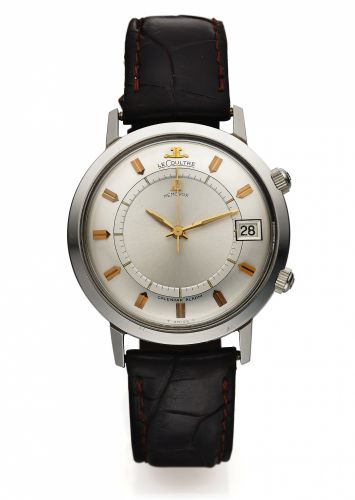 JAEGER-LECOULTRE REF. 855 MEMOVOX STEEL.Jaeger-LeCoultre, Memovox, Calendar, Alarm, Ref. 855. Made.in the 1960s..Fine, center seconds, self-winding, stainless steel wristwatch with alarm, date and 2 crowns.