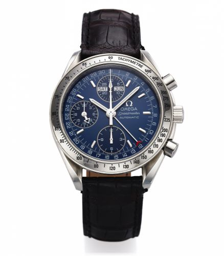 OMEGA REF. 175.0084 SPEEDMASTER TRIPLE DATE STEEL.Omega, Speedmaster Automatic, No. 58775675.Ref. 175.0084. Made circa in 2000..Fine, stainless steel, self-winding, water-resistant wristwatch with.round button chronograph, 12-hour and 30-minute registers.