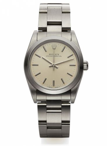 ROLEX REF. 67480 MIDSIZE OYSTER PERPETUAL STEEL.Rolex, Oyster Perpetual, case No. S660799, Ref. 67480. Made in 1993..Fine, center seconds, self-winding, water-resistant stainless steel.mid-size wristwatch with a stainless steel Rolex Oyster bracelet.