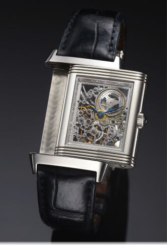 JAEGER LECOULTRE REVERSO REF. 270.6.49 SKELETON PLATINUM.Jaeger LeCoultre, Reverso, Platinum Number One, No. 280/500, Ref. 270.6.49..Made in a limited edition of 500 pieces in 2001..Very fine and rare, rectangular, skeletonized, platinum reversible wristw